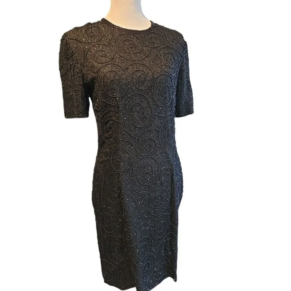Vintage Jewel Queen 100% Pure Silk Beaded Dress Black Hand Embroidered SZ 8